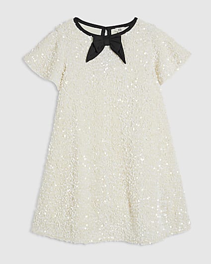 Girls Cream Sequin Bow Dress
