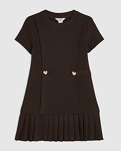 Mini Girls Brown Ponte Pleated Hem Dress