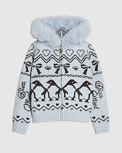 Girls Blue Faux Fur Hooded Zip Cardigan