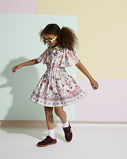 Girls Cream Butterfly All Over Print Dress