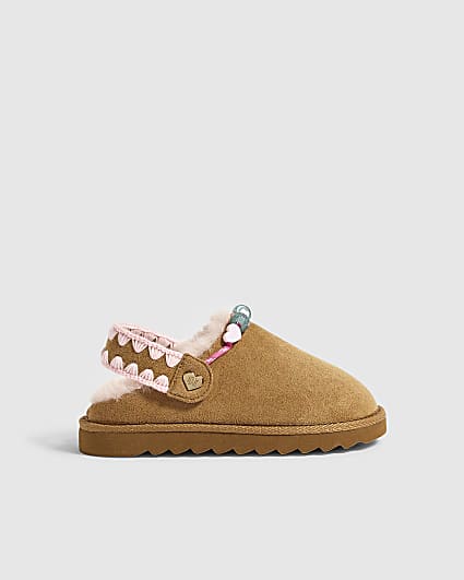 Girls Brown Beaded Thin Sole Slippers