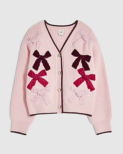 Girls Pink Velvet Bow Cardigan