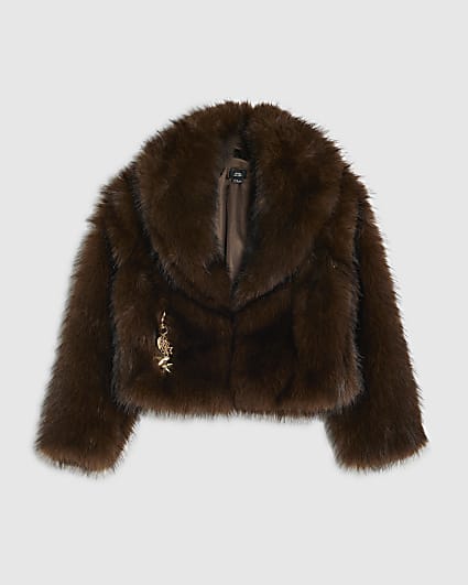 Girls Brown Short Faux Fur Coat