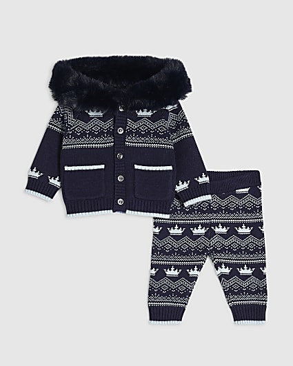 Baby Boys Blue Fairisle Fur Hoodie Set