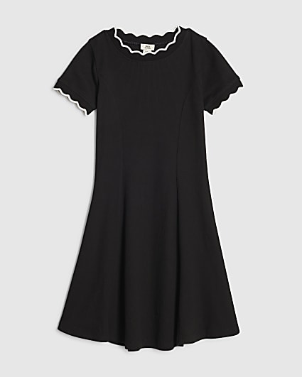 Girls Black Scallop Edge Fit And Flare Dress