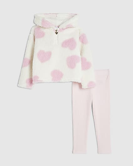 Mini Girls Cream Heart Borg Loungewear Set