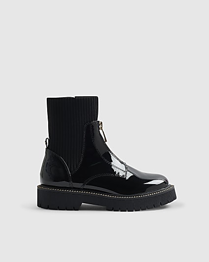 Girls Black Ribbed Cuff Zip Front Boots