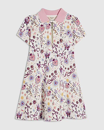 Mini Girls Cream Bow Print Polo Dress