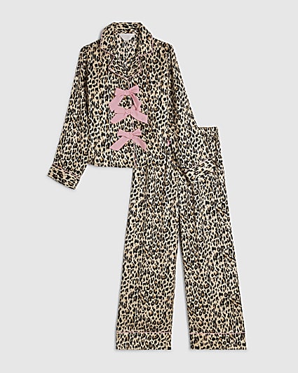 Girls Brown Leopard Bow Satin Pyjama Set