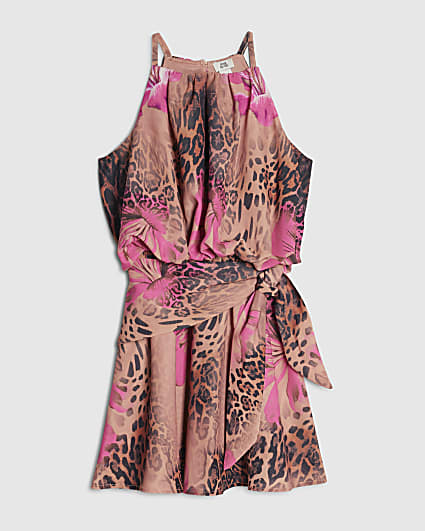 Girls Orange Halter Neck Leopard Dress