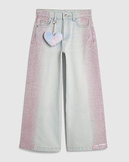 Girls Blue Glitter Side Wide Leg Jeans