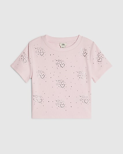 Girls Pink Diamante Heart T-Shirt