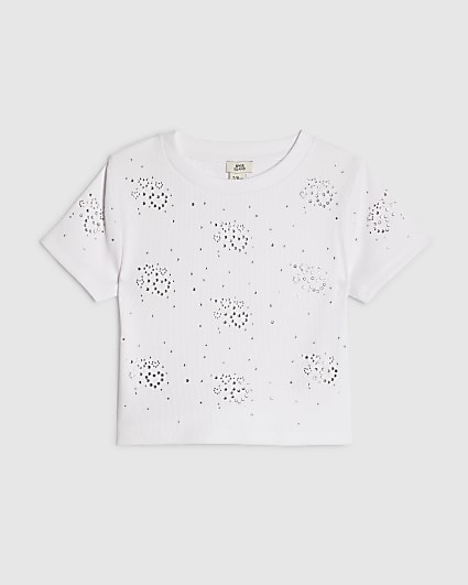 Girls White Diamante Heart T-Shirt