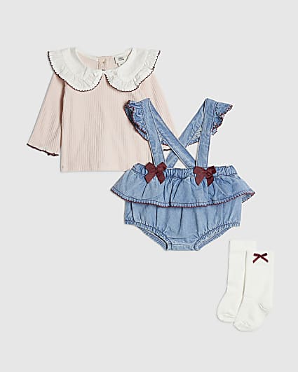 Baby Girls Blue Bow Denim Bloomer 3 Piece Set
