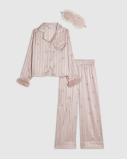 Girls Pink Heart Stripe Pyjamas Set