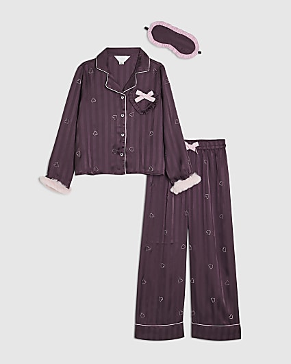 Girls Purple Heart Hotfix Stripe Pyjamas Set