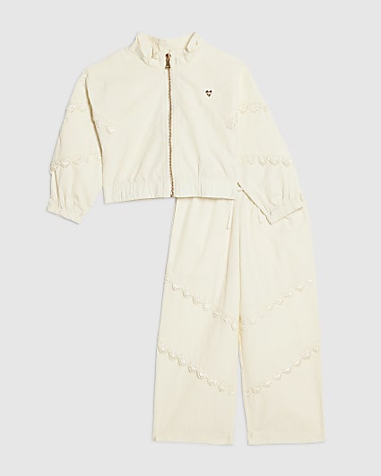 Mini Girls Cream Lace Bomber Tracksuit Set
