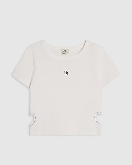 Girls White Heart Cut Out T-Shirt