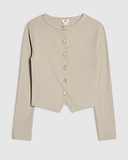 Girls Beige Long Sleeve Button Up Top