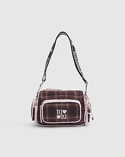 Girls Brown Check Cross Body Bag With Charms