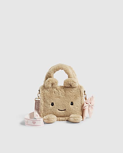 Girls Beige Faux Fur Face Crossbody Bag