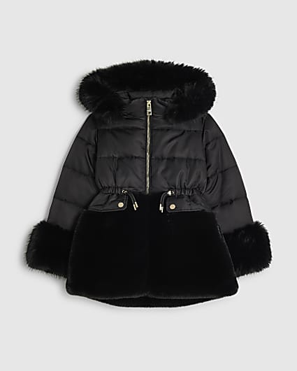 Girls Black Hybrid Fur Cinch Padded Coat