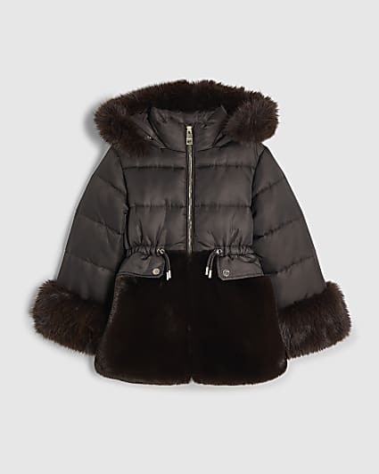 Girls Brown Hybrid Faux Fur Cinch Padded Coat
