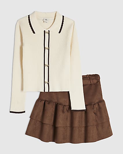 Girls Brown Faux Suede Skirt Set