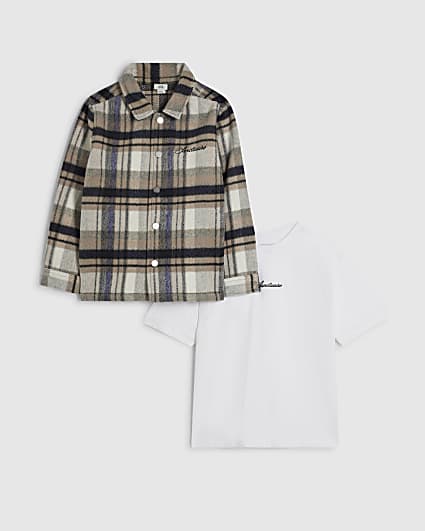 Boys Cream Check Shacket And T-Shirt Set