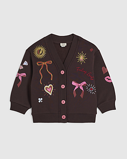 Mini Girls Brown Icon Embroidered Cardigan