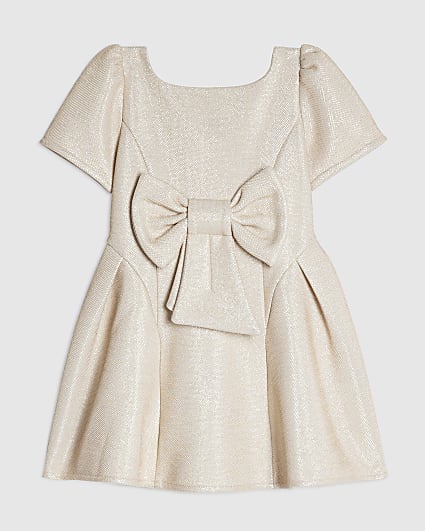 Mini Girls Beige Glitter Bow Dress