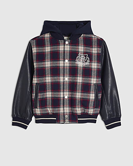 Boys Navy Check Hooded Bomber Jacket