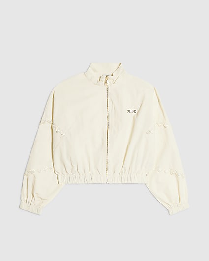 Girls Cream Lace Funnel Neck Bomber Jacket