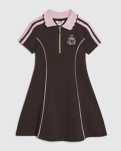 Mini Girls Brown Ribbed Zipped Polo Dress