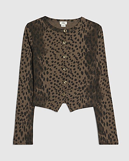 Girls Brown Leopard Print Button Up Top