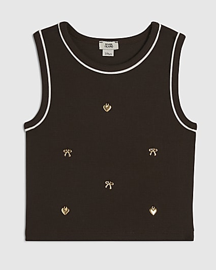 Girls Brown Ribbed Charmed Tank Top