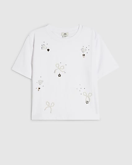 Girls Cream Bow Charm Short Sleeve T-Shirt