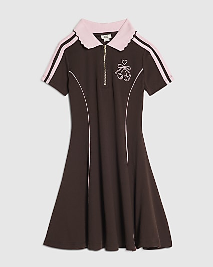 Girls Brown Ribbed Zip Cherry Bow Polo Dress