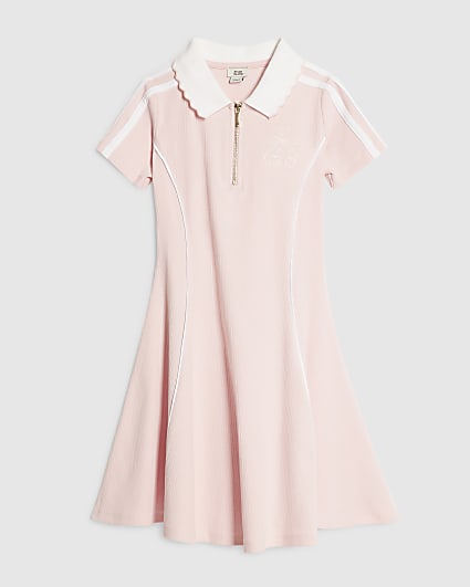 Girls Pink Ribbed Zip Cherry Bow Polo Dress