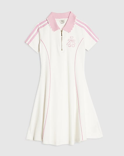 Girls Cream Ribbed Zip Cherry Bow Polo Dress