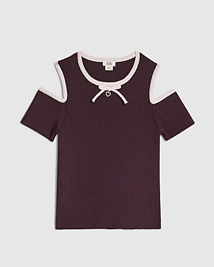 Girls Purple Cut Out Shoulder Bow Top