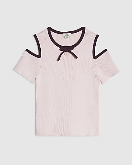 Girls Pink Cut Out Shoulder Bow Top