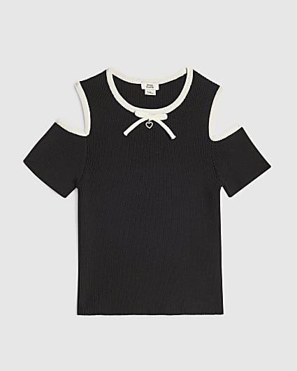 Girls Black Cut Out Shoulder Bow Top