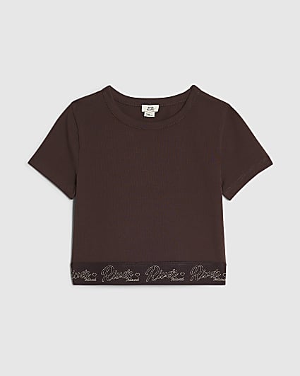 Girls Brown Cut Out RI Scripty Waistband Top