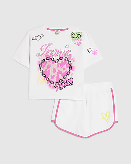 Girls White Neon Graffiti T-Shirt & Short Set