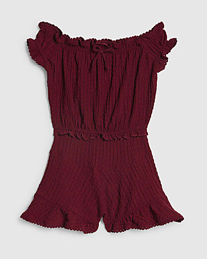 Girls Red Crinkle Lace Trim Bardot Playsuit