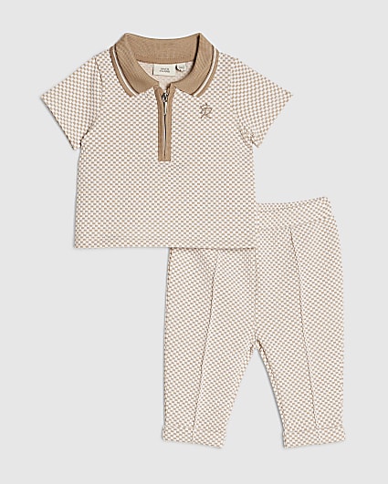 Baby Boys Beige Chequered Polo Shirt Set