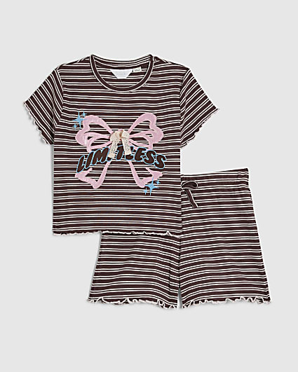 Girls Brown Bow Striped Pyjamas Set