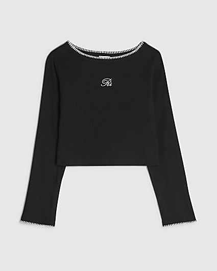 Girls Black Whipstitch Long Sleeve Top