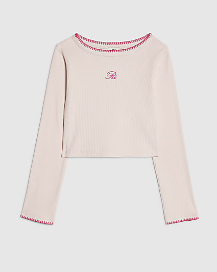 Girls Pink Whipstitch Long Sleeve Top